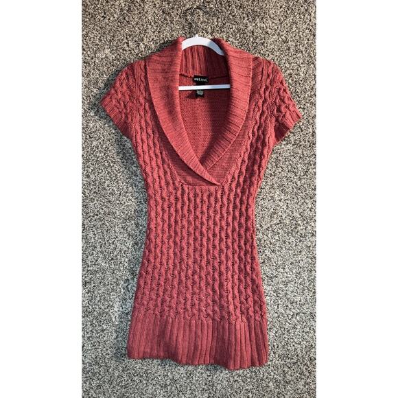 Y2K Wet Seal Pink Cable Knit Sweater Mini Dress Shawl Collar Cottagecore Tunic - Picture 2 of 6